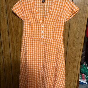 SHEIN Orange and White Checkered Midi Dress